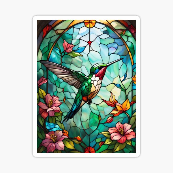Item preview, Stained Glass Hummingbird Among Flowers designed and sold by Ciervo Primavera.
