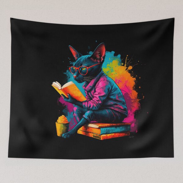 Item preview, Black Bombay cat reading books designed and sold by Furrifico.