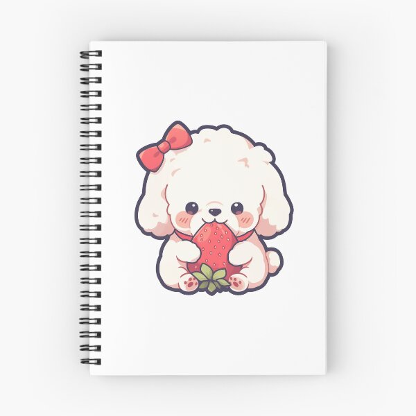 Artikelvorschau, Kawaii Bichon Frise Hund mit roter Schleife, der eine Erdbeere isst, süßer Cartoon-Hund. entworfen und verkauft von MurmurLab.