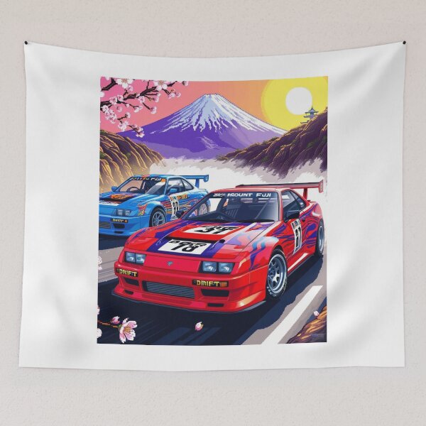 Item preview, JDM, Car, race, Japan, 80s pixel quality video game, Drift, Cherry Blossoms, Mt Fuji, Amazing, sunrise, pixelated designed and sold by tshirtart2024.