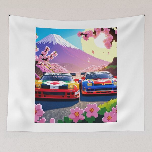Item preview, JDM, Car, race, Japan, 80s pixel quality video game, Drift, Cherry Blossoms, Mt Fuji, Amazing, sunrise, pixelated designed and sold by tshirtart2024.