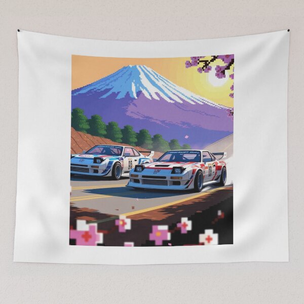 Item preview, JDM, Car, race, Japan, 80s pixel quality video game, Drift, Cherry Blossoms, Mt Fuji, Amazing, sunrise, pixelated designed and sold by tshirtart2024.