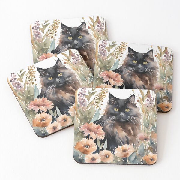Item preview, Watercolor Floral Longhaired Black Cat Boho Art designed and sold by SeaStarAlex.