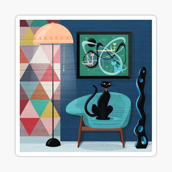 Creature Comforts Mid-Century Interior With Black Cat Sticker