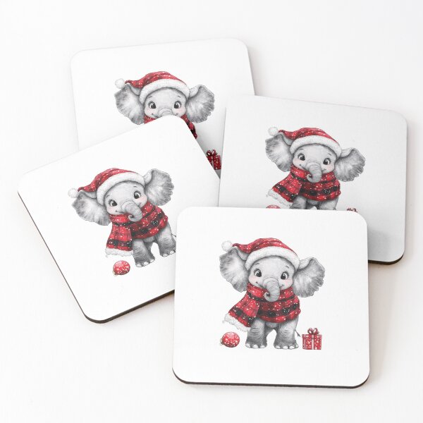 Item preview, Cute Baby Elephant in Christmas Costume, wearing Scottish beret and a red plaid scarf designed and sold by ThaiArtShop.