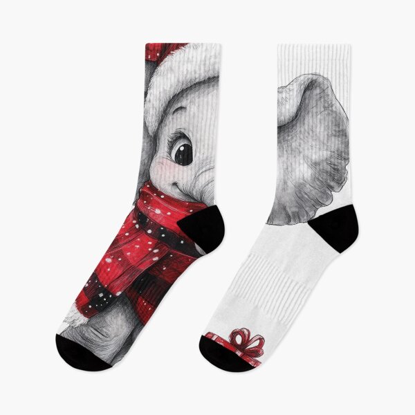 Item preview, Cute Baby Elephant in Christmas Costume, wearing Scottish beret and a red plaid scarf designed and sold by ThaiArtShop.