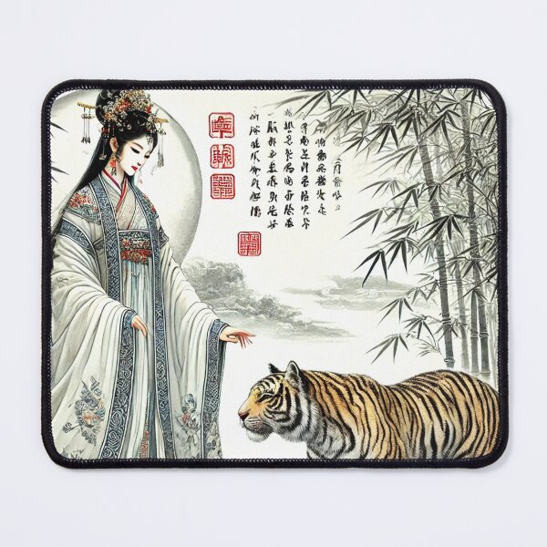 Artikelvorschau, Chinesische Göttin mit Tiger in Bambuswald mit Kalligrafie chinesische Malerei - Chinesische Tuschezeichnung entworfen und verkauft von Kallandra.