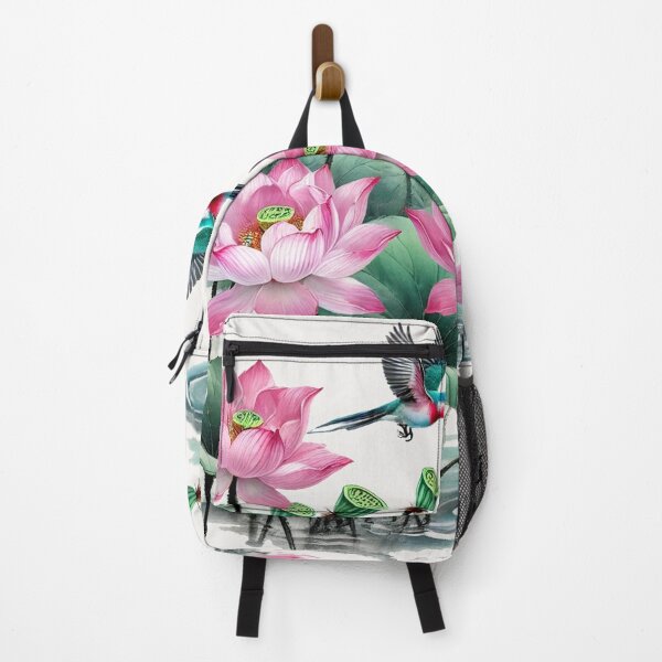 Item preview, Chinese hummingbird over lotus flowers pond with pink lotus flowers with calligraphy Chinese painting - Chinese ink drawing designed and sold by Kallandra.