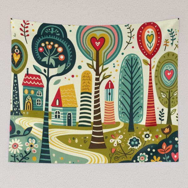 Item preview, Scandinavian Folk Art Magical Landscape Quest through the stripy trees by heidiannemorris © designed and sold by FOLK ART FUSION.