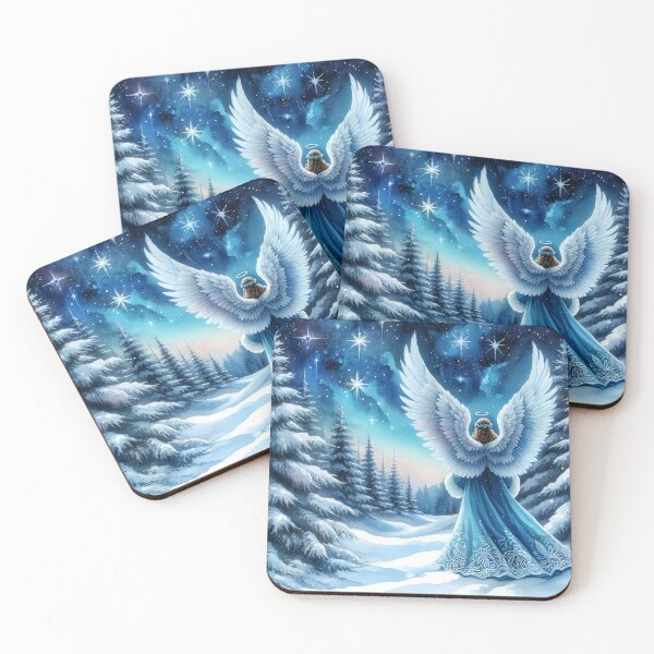 Item preview, Blue aquarell angel on a winter snowy pine landscape night scene designed and sold by EvaAngel.