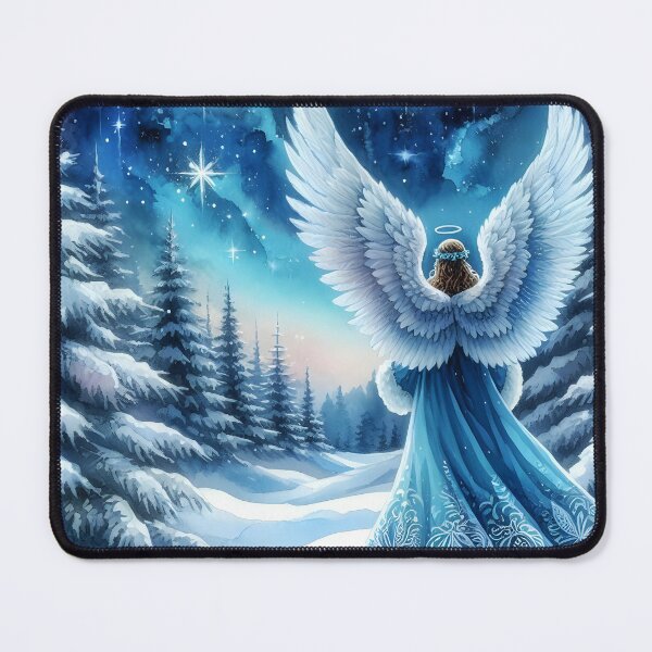 Item preview, Blue aquarell angel on a winter snowy pine landscape night scene designed and sold by EvaAngel.