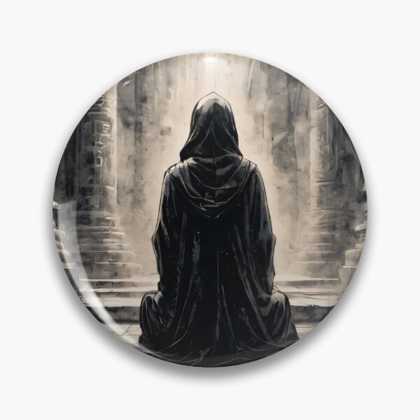 Item preview, Mystical Hooded Figure in a Dark Temple - Fantasy Monochrome Art designed and sold by ByteyCreatives.