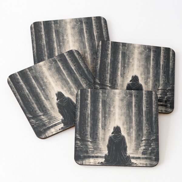 Item preview, Mystical Hooded Figure in a Dark Temple - Fantasy Monochrome Art designed and sold by ByteyCreatives.