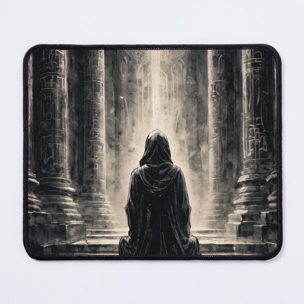 Item preview, Mystical Hooded Figure in a Dark Temple - Fantasy Monochrome Art designed and sold by ByteyCreatives.