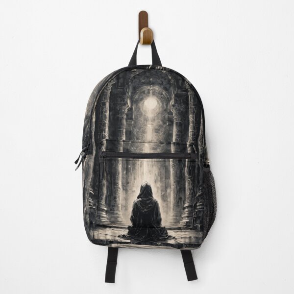 Item preview, Mystical Hooded Figure in a Dark Temple - Fantasy Monochrome Art designed and sold by ByteyCreatives.
