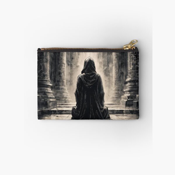 Item preview, Mystical Hooded Figure in a Dark Temple - Fantasy Monochrome Art designed and sold by ByteyCreatives.