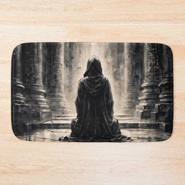 Item preview, Mystical Hooded Figure in a Dark Temple - Fantasy Monochrome Art designed and sold by ByteyCreatives.