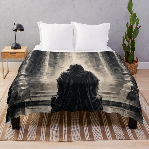 Item preview, Mystical Hooded Figure in a Dark Temple - Fantasy Monochrome Art designed and sold by ByteyCreatives.