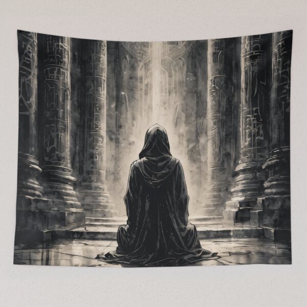 Item preview, Mystical Hooded Figure in a Dark Temple - Fantasy Monochrome Art designed and sold by ByteyCreatives.