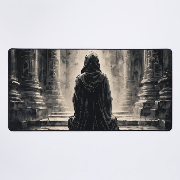 Item preview, Mystical Hooded Figure in a Dark Temple - Fantasy Monochrome Art designed and sold by ByteyCreatives.