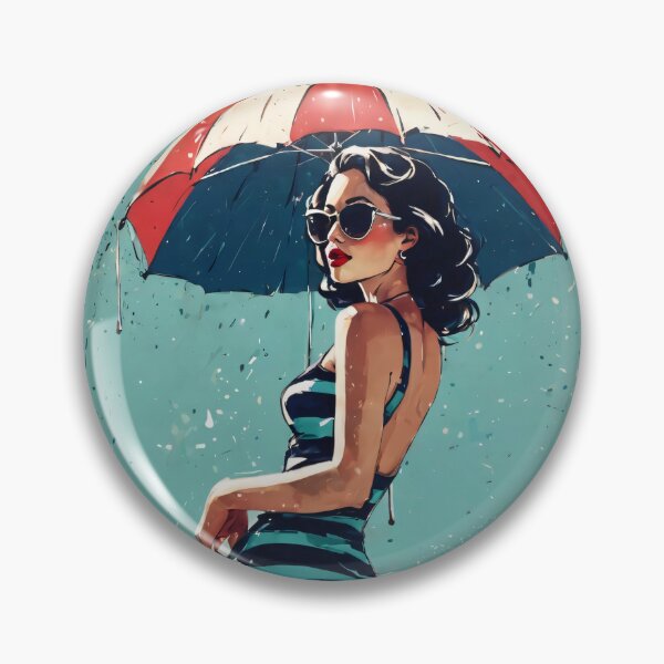 Artikelvorschau, Vintage Beach Vibes: Retro-Tintenillustration einer Frau mit Regenschirm entworfen und verkauft von ByteyCreatives.