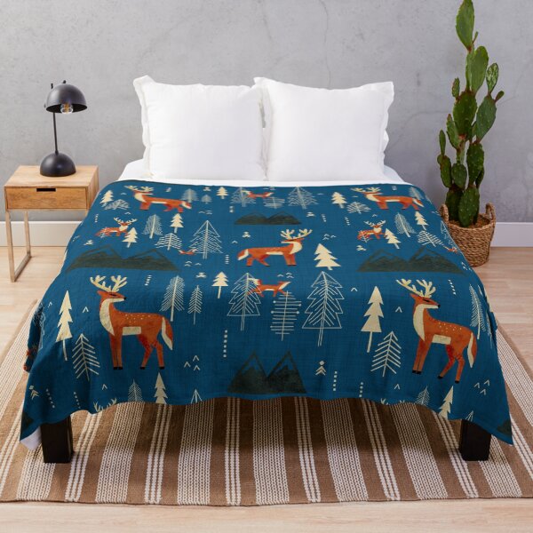 Item preview, Cabincore Forest Woodland Wildlife - Rustic Trees Deer Foxes Denim Blue designed and sold by susycosta.