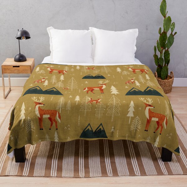 Item preview, Cabincore Forest Woodland Wildlife - Rustic Trees Deer Foxes Mustard Yellow designed and sold by susycosta.