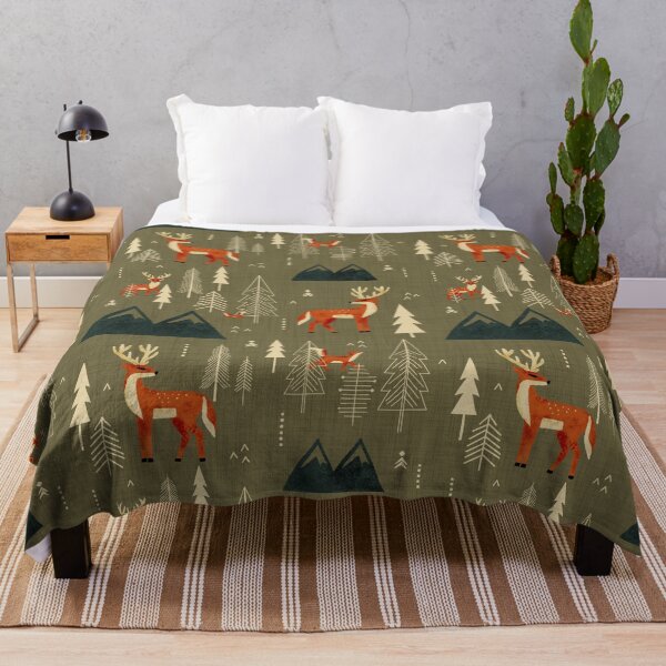 Item preview, Cabincore Forest Woodland Wildlife - Rustic Trees Deer Foxes Olive designed and sold by susycosta.