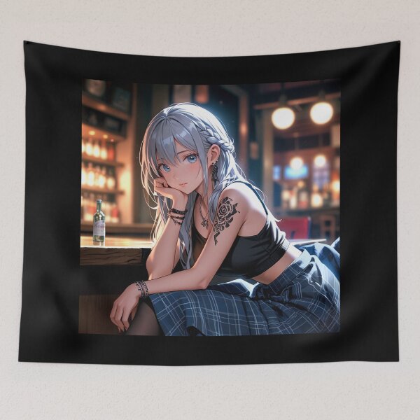 Item preview, Beautiful grey haired Tattooed Anime Manga Girl in sleeveless top designed and sold by Vintage Designs +.