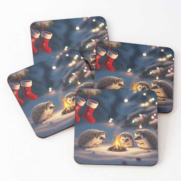 Item preview,  Christmas Hedgehogs Gathered Around Campfire with Stockings designed and sold by WhimsyCanvasPrints.