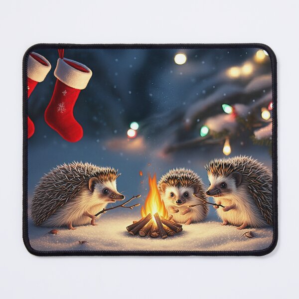 Item preview, Christmas Hedgehogs Gathered Around Campfire with Stockings designed and sold by WhimsyCanvasPrints.