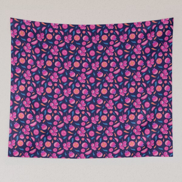 Item preview, Pink Vine Tomatoes with blue and orange leaf accents on Midnight Blue designed and sold by theresARTshop.