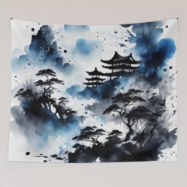 Item preview, Ethereal Blue Black Landscape in Chinese Ink Wash designed and sold by SpunkySpaniel.