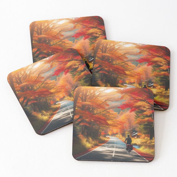 Item preview, A cyclist rides along a sunlit autumn path through a forest tunnel of vibrant red and yellow maple trees, creating a magical golden hour atmosphere designed and sold by homydesign.