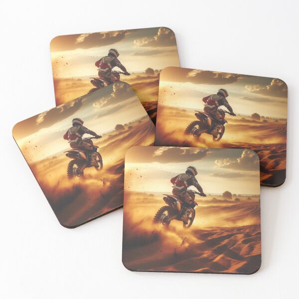 Item preview, A motorcyclist conquers sandy terrain at sunset, dust swirling in golden light designed and sold by homydesign.