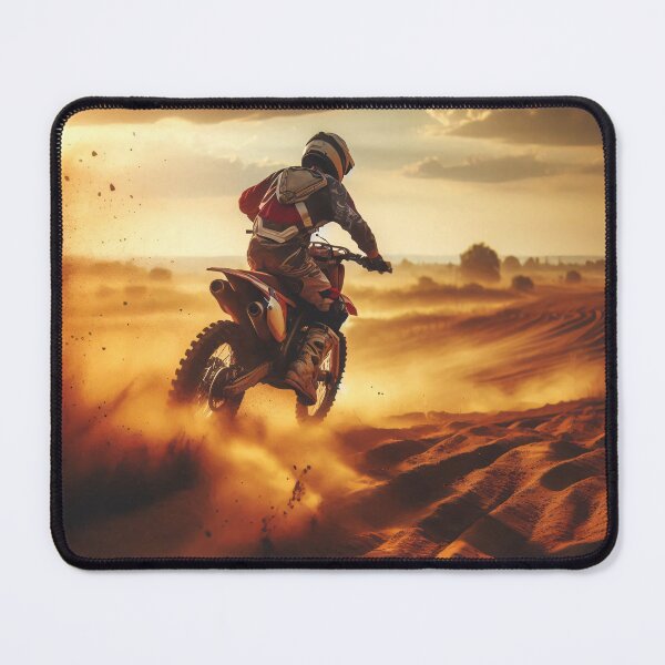 Item preview, A motorcyclist conquers sandy terrain at sunset, dust swirling in golden light designed and sold by homydesign.