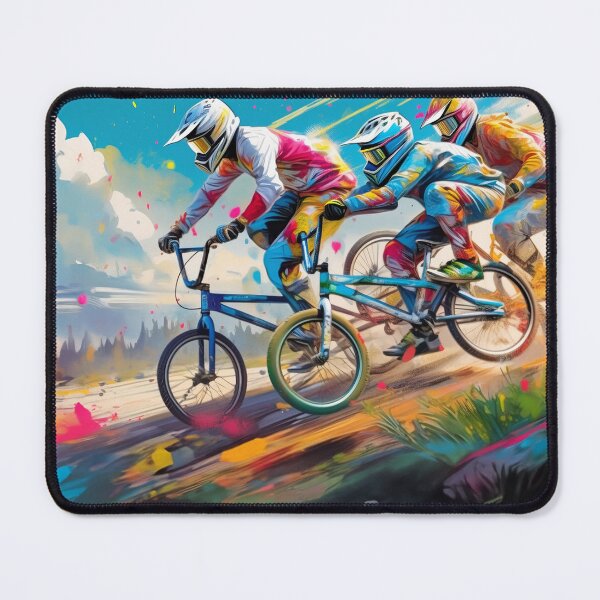 Item preview, Two BMX bikers perform aerial tricks against a vibrant, artistic mountainous backdrop designed and sold by homydesign.