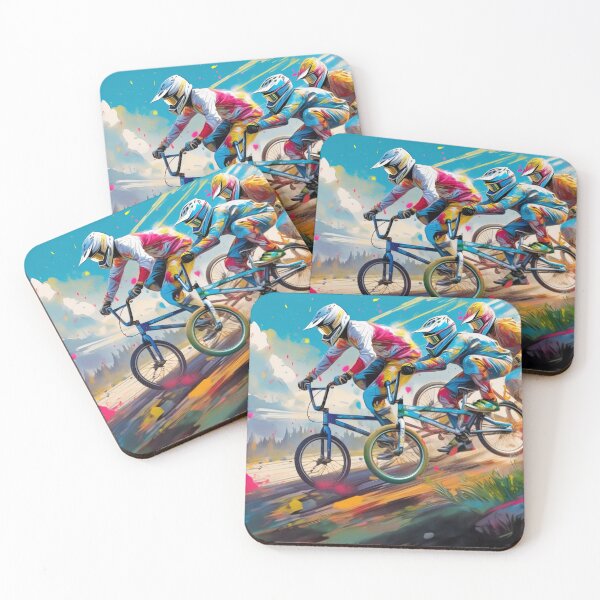 Item preview, Two BMX bikers perform aerial tricks against a vibrant, artistic mountainous backdrop designed and sold by homydesign.