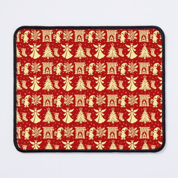 Item preview, Snowy Trails & Hearthside Tales: Christmas Pattern with Spruce, Angel, Gnome, Fireplace, Sock, and Holly on Red Background designed and sold by IraNiva.