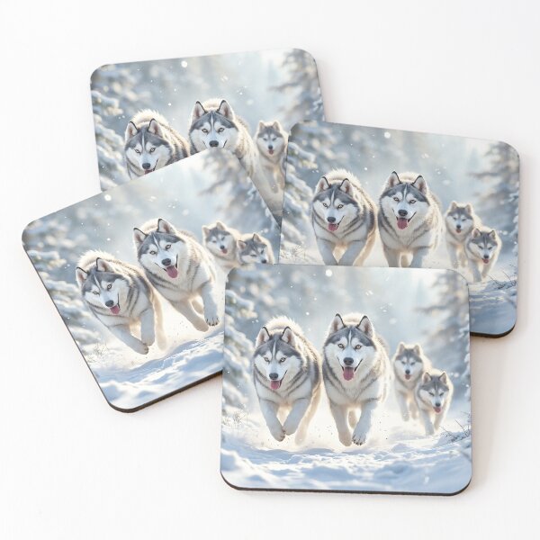 Item preview, An elegant 3D pattern background of majestic Siberian Huskies running through a snowy landscape, ideal for winter-themed designs and outdoor gear. designed and sold by AlwaysHome.