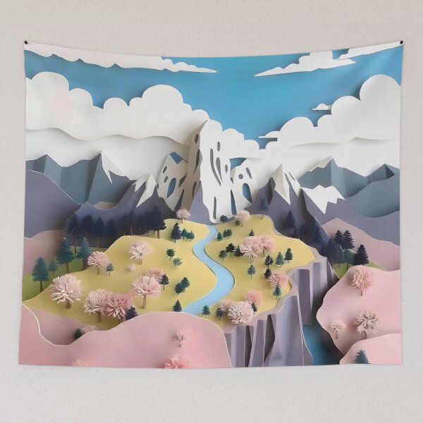 Item preview, Assemblage: Pastel Valley, Abstract Nature Paper Folds, Bohemian Scenic Adventure Valley, Eclectic Pastel Trees Landscape designed and sold by 83oranges.com.