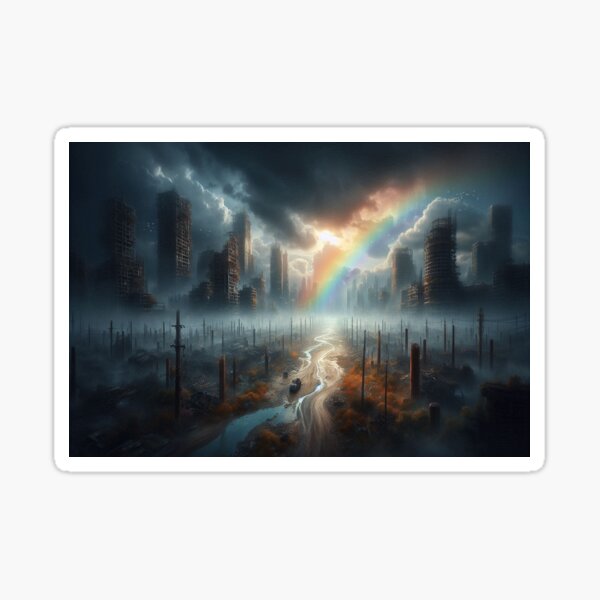 Artikel-Vorschau von Von KI generierter Regenbogen über einer verlassenen Stadt, designt und verkauft von AI-this-is-AI.
