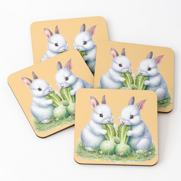 Item preview, two adorable white rabbits with upright ears eating fresh green vegetables designed and sold by 123ks.