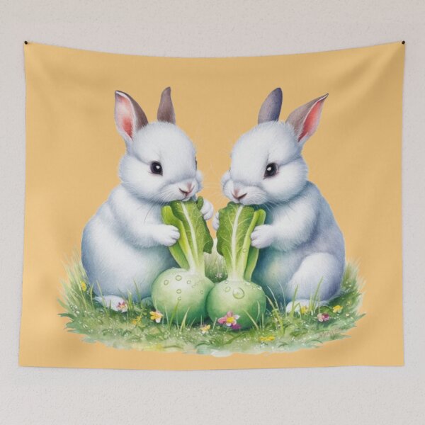Item preview, two adorable white rabbits with upright ears eating fresh green vegetables designed and sold by 123ks.