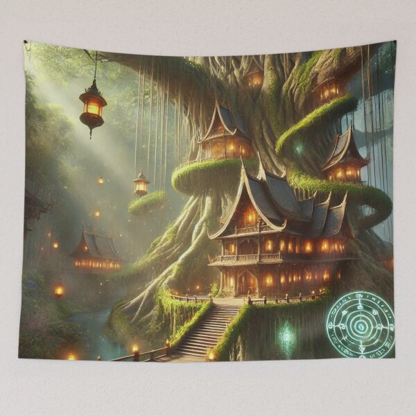 Item preview, Enchanted Tree Village with Glowing Lanterns and Magical Bridges designed and sold by TeslaSt0re.