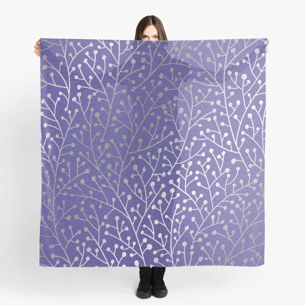 Silver Berry Branches on Periwinkle Scarf