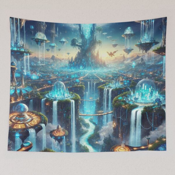 Item preview, Futuristic Waterfall City with Glowing Domes and Towers designed and sold by TeslaSt0re.