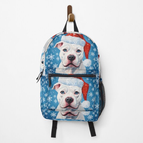 Item preview, Christmas White Pit Bull with Blue Eyes Wearing Santa Hat in the Snow  designed and sold by Yogibear & Rachelle .