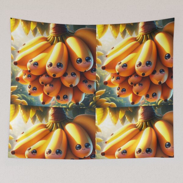Item preview, kawaii bunch of bananas with face hanging from tree in natural habitat  designed and sold by EmeraldeaArt.