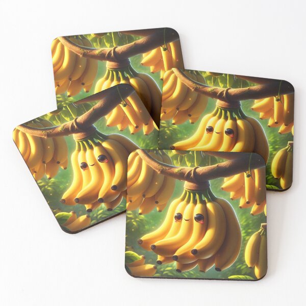 Item preview, kawaii bunch of banana with face hanging from tree in natural habitat  designed and sold by EmeraldeaArt.